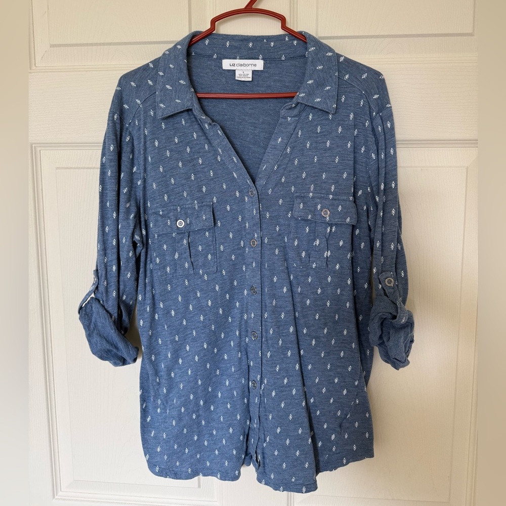 Liz Claiborne Blue Printed Button-Up Shirt
